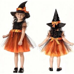 Kids Witch Halloween Costume Dress Hat Orange Black Polka Dot/Size (Small)